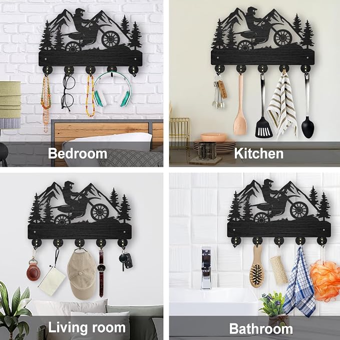 MAYJOYDIY Motorcycle Mountain Forest Coat Hooks, Wall Mounted 11.8x7.9in, 5 Alloy Hooks, Rust Resistant, Wooden Key Holder, Black, 35 Pound Weight Capacity