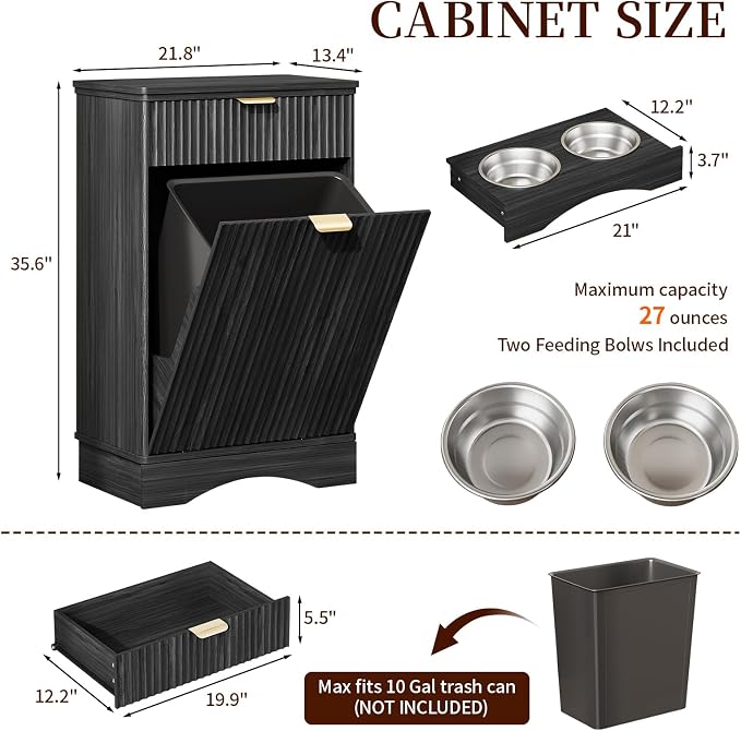 Pet Feeding Station, Dog Food Storage Cabinet with 2 Hidden Bowls, Black | Tilt-Out Pet Food Storage with Drawers and 3 Hooks, Cats and Dogs Food Organizer Cabinet for Kitchen,Living Room