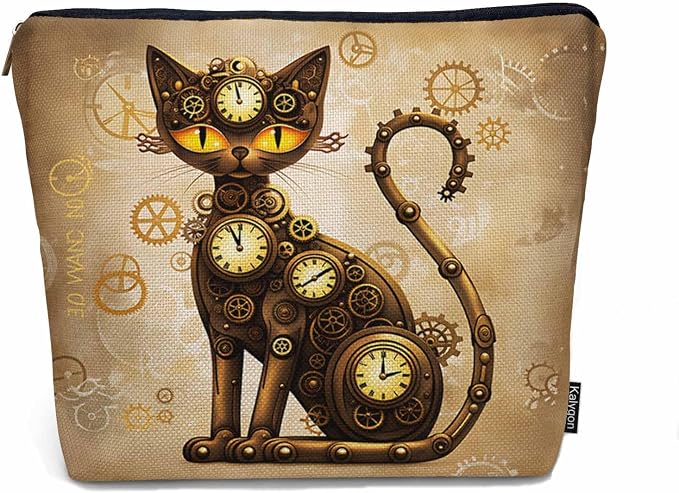 Steampunk Cat Makeup Organizer Bag Cosmetic Bag For Men Women, Brown Gearwheel Clock Steampunk Cat Travel Toiletry Bag Flax Makeup Bags Purse Business Makeup Pouch For Toiletries Cosmetics