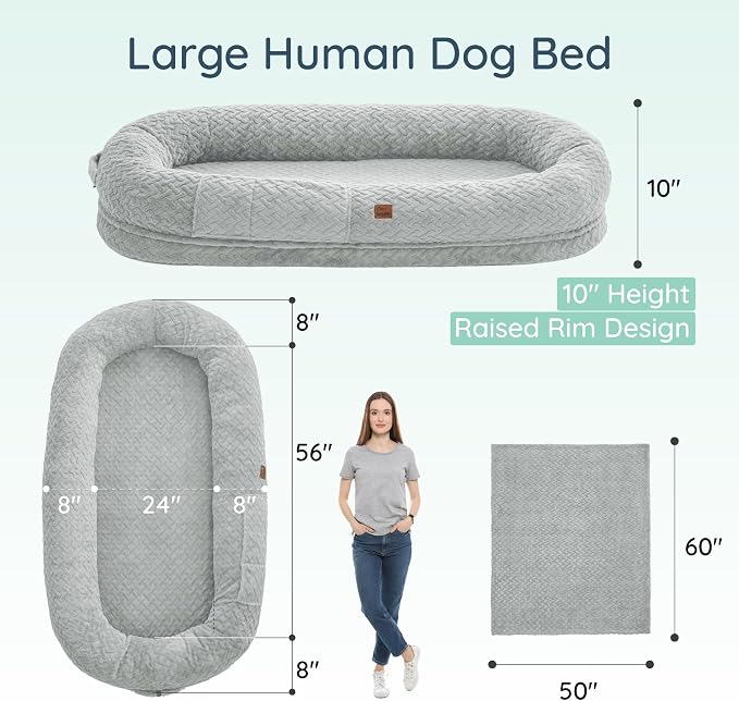 ChiXnuggle Orthopedic Human Dog Bed,with Faux Fur Washable Cover,Blanket | light grey,72*40*10,giant dog bed for adult or extra large dogs,egg crate foam,non-slip bottom