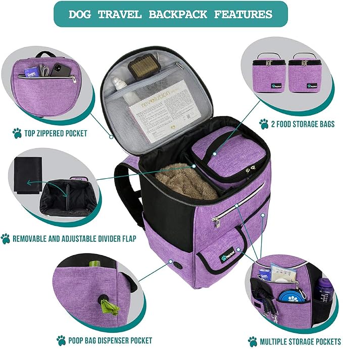 PetAmi Dog Travel Backpack 27L Airline Approved Pet Supplies Bag, Purple | Cat Traveling Suitcase Organizer for Weekend Road Trip Camping; 2 Food Containers, 2 Collapsible Bowls & Poop Bag Dispenser