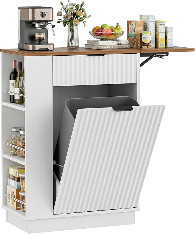 10 Gallon Tilt-Out Trash Can Cabinet with Drop Leaf, Drawer & Side Shelves.