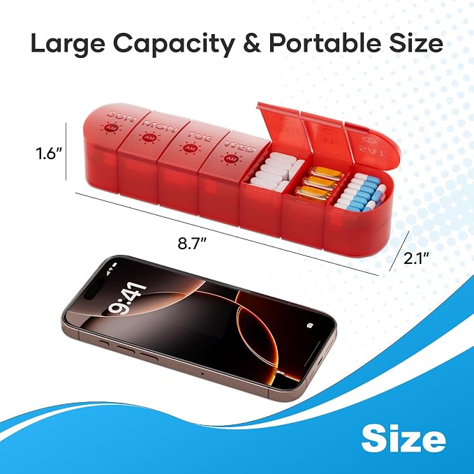 Double Layers Weekly Pill Organizer 2 Times a Day, Portable Travel Medicine Pill Organizer, Pill Box Case 7 Day AM PM Pill Container for Vitamins, Fish Oil, Supplements and Medication, Red