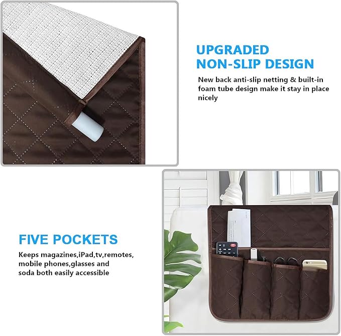 Armchair Caddy for Recliner, Non Slip Sofa Arm Organizer, Coffee | 5-Pocket Recliner Armrest Organizer, Couch Side Storage Holder for Remotes, Cell Phone, Magazines & Tablets, Machine Washable