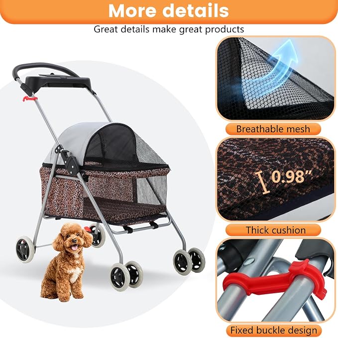 BestPet Foldable Pet Stroller for Small/Medium Dogs and Cats Up to 33 lbs | 4-Wheel Stroller Pet Strolling Cart w/ Breathable Mesh, Lockable Rear Wheels, Cup Holder/Tray & Storage Box, Leopard Skin