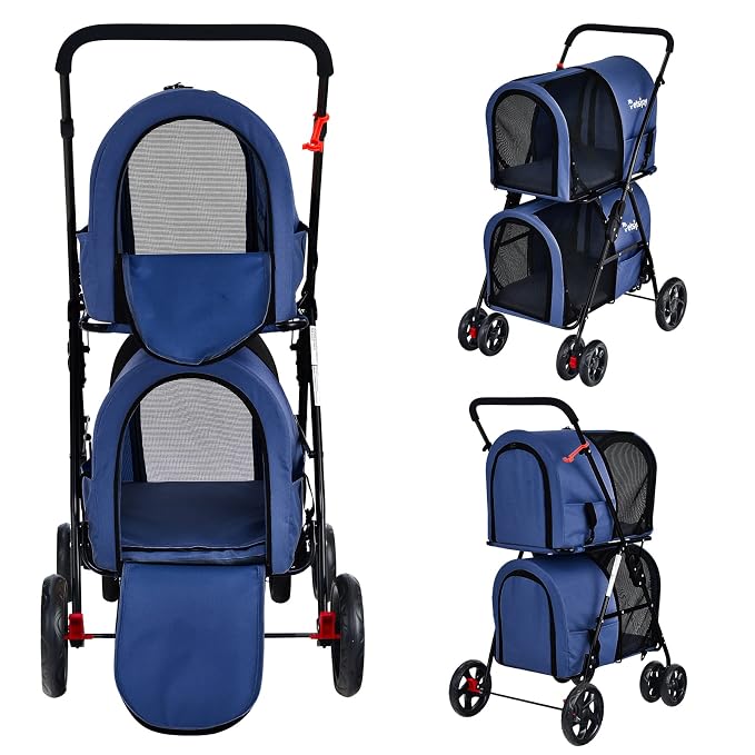 PETSITE Double Dog Stroller, Foldable Pet Stroller for 2 Dogs & Cats Small Medium Sized with Detachable Carrier on Wheels, Ideal for Car Seat Walking Camping Travel