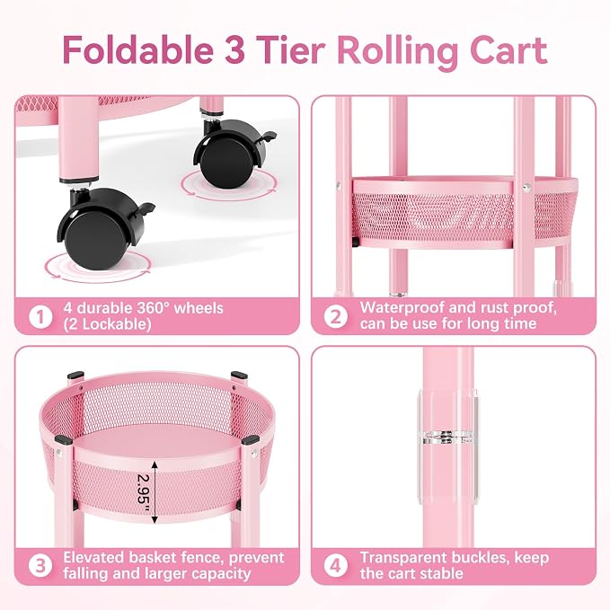 TOOLF 3 Tier Foldable Rolling Cart, Metal Utility Storage Cart, Pink | Assembly-Free, Lockable Wheels, Round Trolley Organizer for Bathroom, Kitchen, Office, Dorm, Laundry, Craft Room