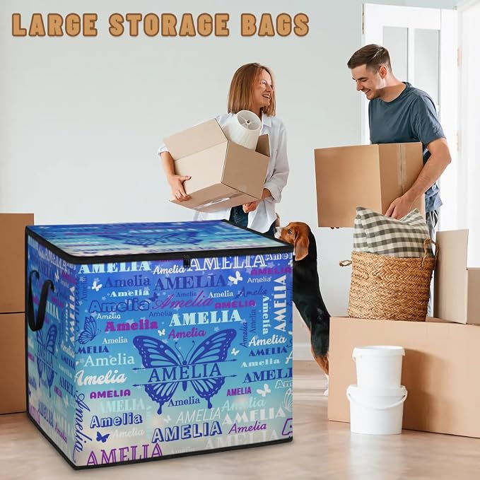 Custom Extra Large Storage Baskets with Lid, Personalized Storage Bins Basket Boxes Handles for Clothes Blanket Bedroom Closet Organizing Toys Shelves, Gradient Light Blue with Butterflies