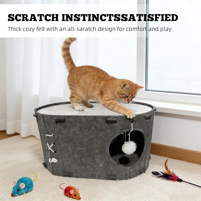 Cat House for Indoor Cats - Foldable Cat Bed Cave with Scratch-Resistant Felt Cats Tunnel Bed Condo & Hanging Fluffy Ball | Cozy Spacious Hideaway for Multi-Cats| Durable & Easy to Store Gray