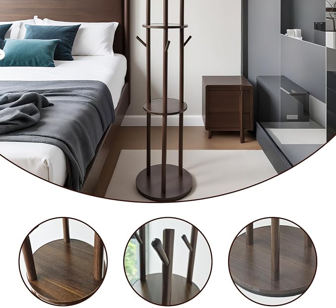 Wooden Freestanding Coat Rack with 9 Hooks&3 Rotating Storage Trays,Free Standing Coat Rack Tree with Rotatable Design,Coat Tree Freestanding for Hanging Clothes,Clothing Rack for Entryway Bedroom