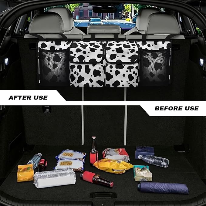 Dreaweet Cute Car Trunk Organizer Hanging Car Storage Organizer Cow Print Car Accessories Backseat Hanging Large Storage with Adjustable Strap Collapsible Car Storage Bag for Cars,Trucks,SUV