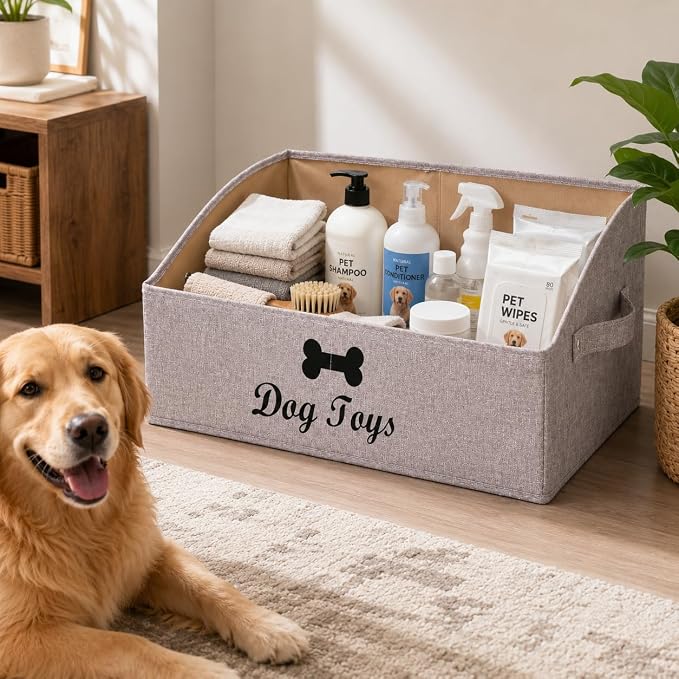 Geyecete Foldable Fabric Trapezoid Organizer Boxes - Collapsible Dog Toy Basket (Light Brown-DOG)
