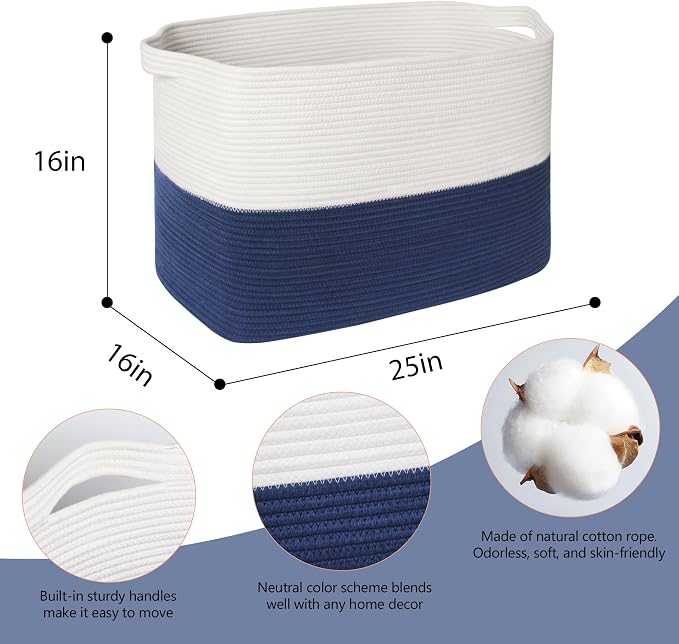 MEGASKET 108L Super Large Blanket Basket, 25" x 16" x 16" Jumbo Rectangle Basket for Blankets Living Room, Woven Cotton Rope Pillow Holder Organizer, Oversized Kids Dog Toy Storage Bin Box, Dark Blue