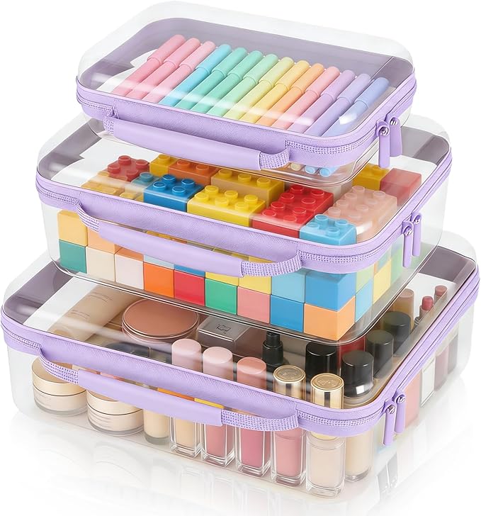 3 Pack Clear Hard Shell Zipper Storage Case Deep Capacity Organizer Pouches | PET Waterproof Transparent Bags with Handle 1.2mm Thick for Makeup Toiletries Cosmetics Toys Art Supplies Travel Essentials