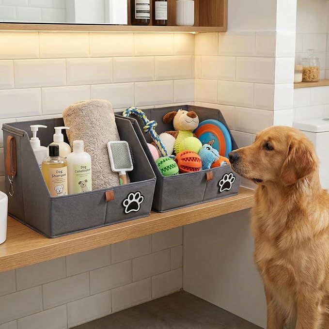 2-Tier Dog Shelves Storage Organizer, Dog Toy Basket, Hanging Closet Organizer for Pet, Fabric Storage Bins Dog Cabinet, Collapsible Baskets for Dog Toys,Collar,Clothes,Blanket -Grey