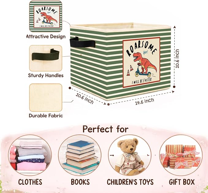 Dinosaur Storage Bin, Roarsome Green Stripe Foldable Fabric Basket | Foldable dinosaur fabric organizer for nursery, bedroom, playroom, toys, books, and clothes