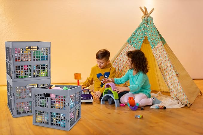 Eslite 3-Pack Collapsible Plastic Storage Crates,Foldable Crates for Storage,16L (Grey)