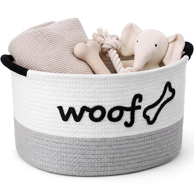 Zhehao Dog Woven Toy Basket with Handles, 15 x 11 x 9 in, White Gray | Cotton Rope Dog Toy Storage Bin, Pet Basket with Woof Bone Embroidery, for Puppy Bone & Blankets