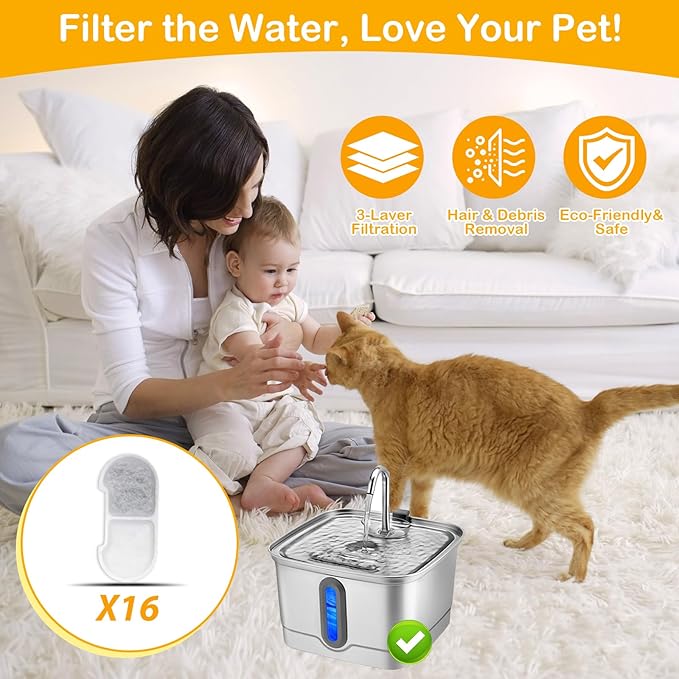 16+16 Pack Replacement Filters for SEIRMEP 101oz/3L Stainless Steel Cat Water Fountain, Includes 16 Filters & 16 Sponges