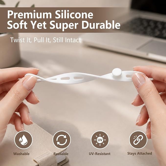 20PCS Reusable Silicone Cord Organizers for Chargers (White) | Soft Stretchable Silicone Cable Straps with Secure Locking Design, Keeps Phone Cords & USB Cables Neat for Home & Office