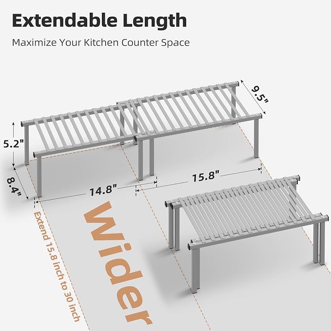 STORAGE MANIAC Expandable Cabinet Organizer Shelf, Set of 4, Gray | 15.8 inches Expandable, Stackable Wire Shelf, Spice Rack, Metal Pantry Storage for Plate Dish, Kitchen Counter Shelves