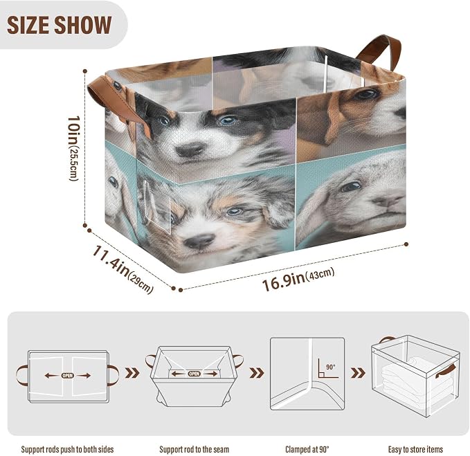 Adorable Pets Dogs Storage Bins Under Bed Cute Foldable Storage Basket with Handles Collapsible Box Organizer with Metal Frame for Closet Cabinet 2PCS