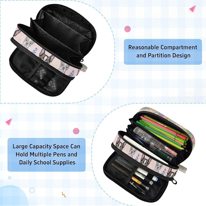 JUNZAN PVC Pencil Bag Boston Terrier Cute Dog Pet | Tear Resistant Elastic Pen Slots Office Organizer Multi-compartment