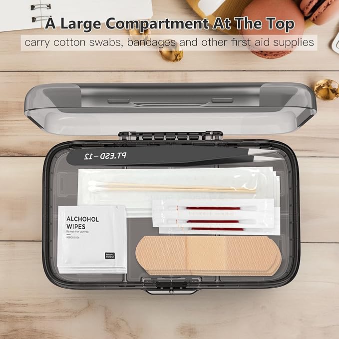 FYY Travel Pill Organizer, Large Weekly Medicine Pill Organizer-Black | Airtight Moistureproof Medicine Case, Easy to Use, 8 Compartment Pill Box for Vitamins, Fish Oil, Supplements,Mini First Aid
