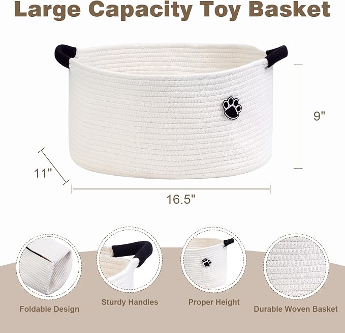 Optish 25L Dog Toy Basket,16.5" x 11" x 9" Medium Toy Storage Box and Bin with Handles, Woven Rope Foldable Basket for Blankets, Living Room, Bedroom, Home Decor, White
