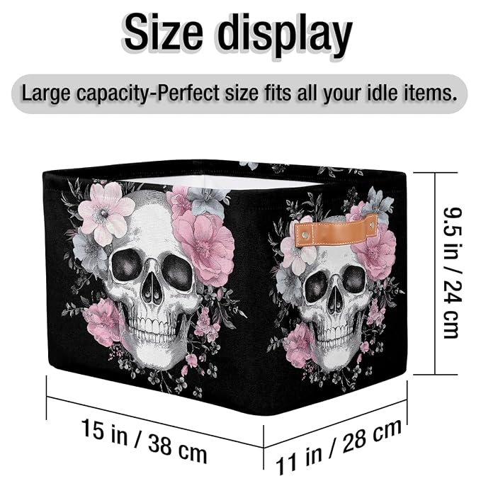 SEULIFE Floral Sugar Skull Flower Halloween Foldable Storage Basket, Large Collapsible Organizer Storage Bin Cube Toys Storage Boxes with Handles for Bathroom Kids Nursery Closet Storage, 2 Pack