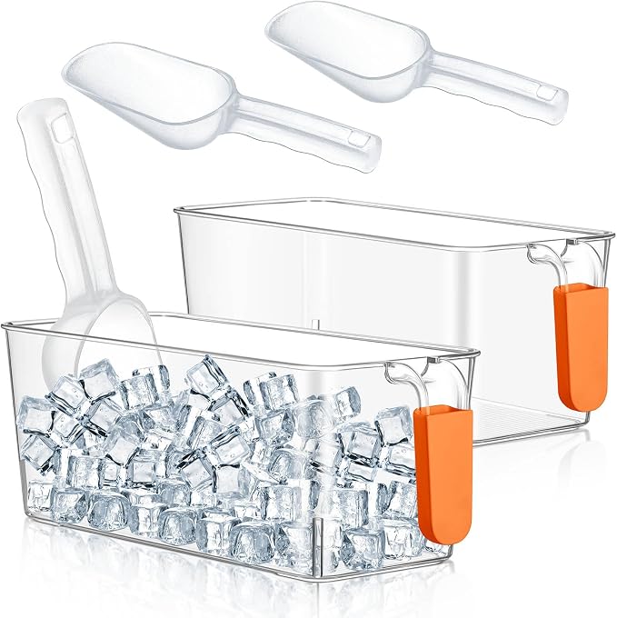 Havawish Ice Storage Bin and Flexible Scoop Set Plastic Freezer Bin | Freezer Ice Bin Scoop, Clear Bucket Container, Pull Handle, Flexible Storage, 10.83 X 4.92 X 4.33 in