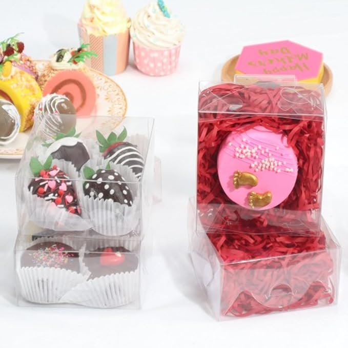 RomanticBaking 50PCS 5x5x2 Inches Full Clear Bakery Boxes Party Favors | Transparent Gift Box for Chocolate Covered Strawberries,Mini Cake,Cookies,Macaron,Pie,Cakesickle &More