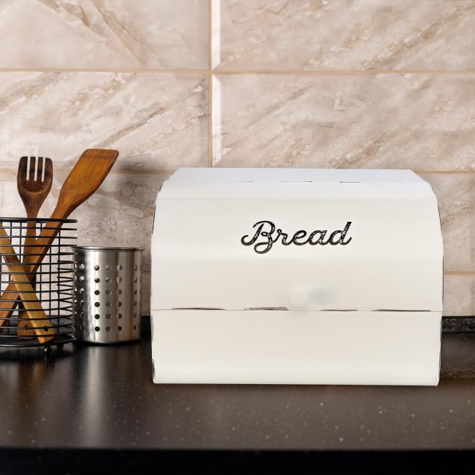 AuldHome Design Large White Bread Box; Farmhouse Enamelware Vintage Style Family Size Countertop Bread Bin
