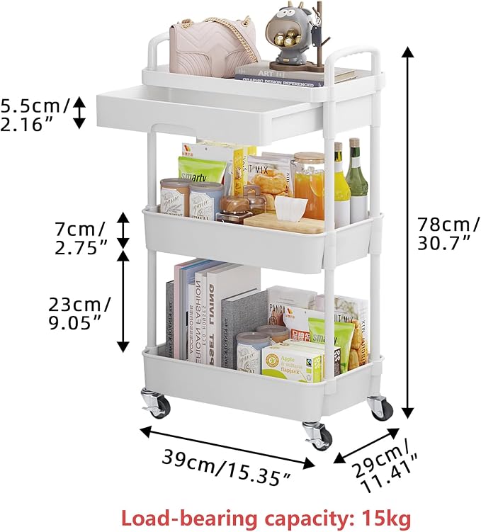 Calmootey 3-Tier Utility Cart with Drawer & Wheels, Storage for Home,Office | Space-Saving Organizer, Sturdy Plastic Shelves, Smooth-Rolling Metal Wheels, Built-in Drawer for Small Items, White