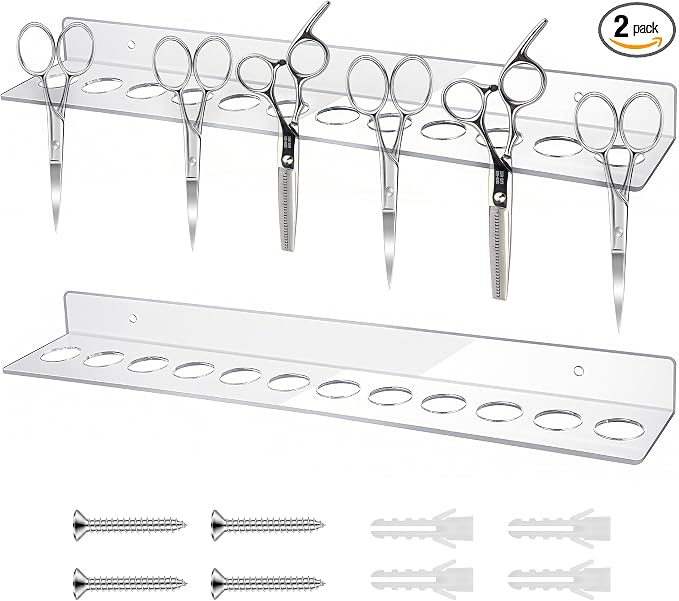 2Pcs 12 Slots Wall Mounted Scissor Holder, Acrylic Shear Holder for Stylist | Clear Hair Tools Organizer with Hanging Screws for Barber Dog Grooming Hairdresser