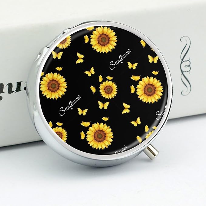 Pocket Pill Box, Beautiful Butterfly Sunflower Compact Round Dispenser, Travel Organizer for Supplements, Waterproof Case Purse Carry for Hiking