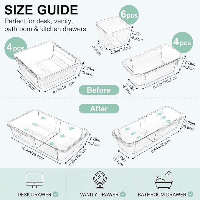 PrecisionAuto Expandable Drawer Organizer Set | Clear PET Plastic Desk Dividers for Office, Kitchen, Bathroom, and Vanity, Adjustable, Multi-Size Storage Bins Space-Saving