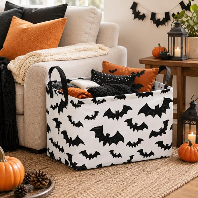 Halloween Batman Basket Gothic Bat Storage Kids Toy Organizer Room Decor | Collapsible Waterproof Kids Laundry Basket With Handles,Multi-scene Organizer for Home Bedroom,Black Bats Gift Bin