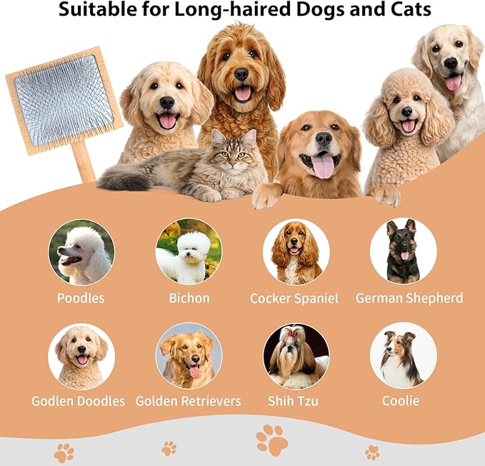 Dog Slicker Brush for Goldendoodles, Poodles & Long Haired Dogs - Long Pin Doodle Brush & Pet Comb Kit Removes Tangles Loose & Knots, Professional Grooming Tools with Wooden Handle, Natural