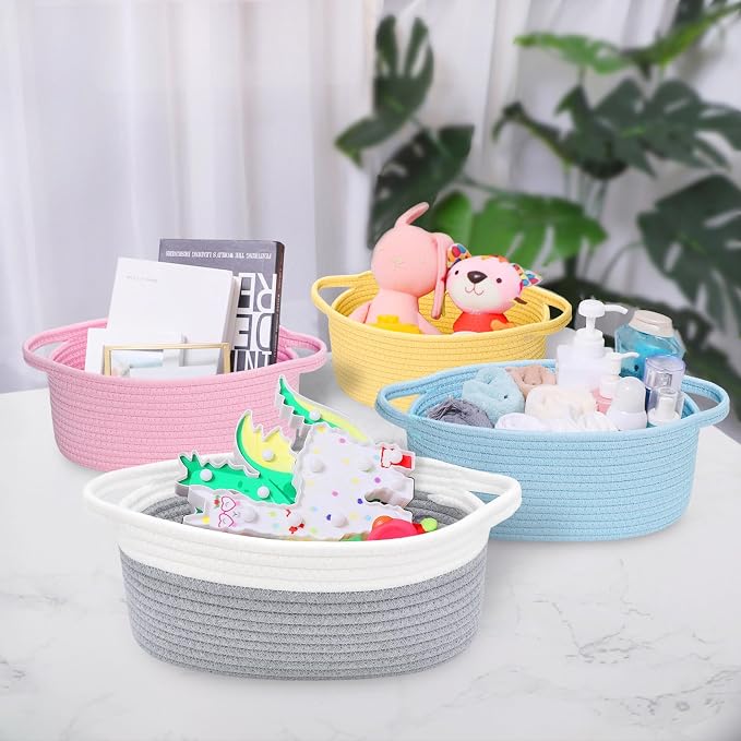ABenkle Small Basket with Handles, Boho Decorative Rope Woven Dog Cat Toy Storage Bin Shelf Storage Organizer, Easter Christmas Gift Basket, 12"x8"x5", Grey