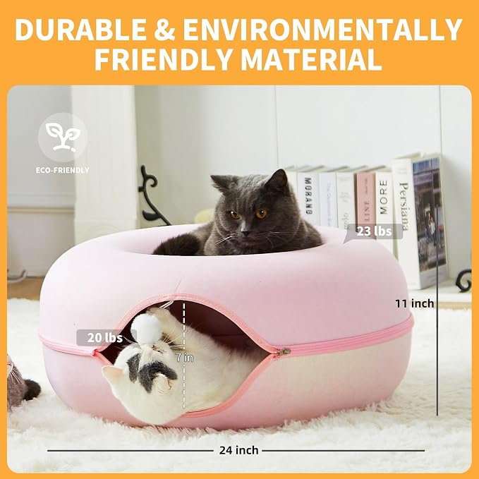 Peekaboo Cat Tunnel for Large Cats up to 30 lbs, Features A Jingle Ball, Removable and Washable Tunnel Bed, and a Cozy Donut Tunnel (Pink, 24 Inches)