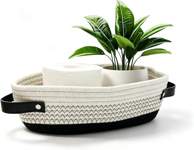1 Pack Small Woven Storage Basket for Toilet Tank Top, Bathroom Countertop Organizer Basket Cotton Rope Toilet Paper Storage Toilet Paper Decorative Basket 13"x6"x4" (Black/White)