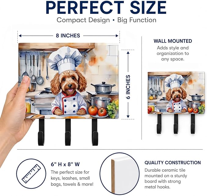 Caroline's Treasures Cockapoo The Chef Leash or Key Holder Wall Hooks, Key Hooks Holder, Coat Rack Wall Mount, Coat Hooks, Hooks for Hanging Keys, Towels, Aprons, Leashes | Cockapoo The Chef artwork on ceramic tile with three steel hooks for keys, leas...