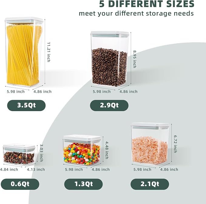 Airtight Pantry Storage Containers, 5 Pack, 0.6-3.5 Qt, Pop-Top | Clear Stackable Kitchen Canisters for Flour, Sugar, Cereal, Rice, Pasta, Coffee and Snacks with Visible Measurement Markings