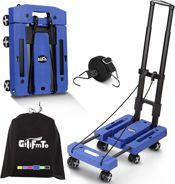 GtIiFmTe Foldable Hand Truck, Lightweight Luggage Cart for Airport Car Seat | Compact Folding dolly with Rotating swivel wheel,storage size12×15.7×4.1",300lbs Load,Upright Lock Handle with 3bungee cords