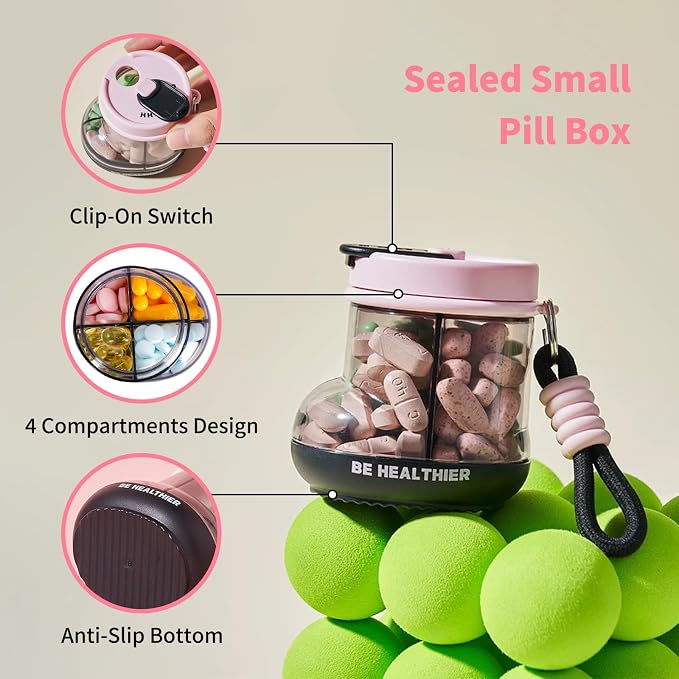 KIGI Travel Pill Organizer, Small Pill Dispenser with 4 Compartments, Portable Vitamins Organizer with Handle