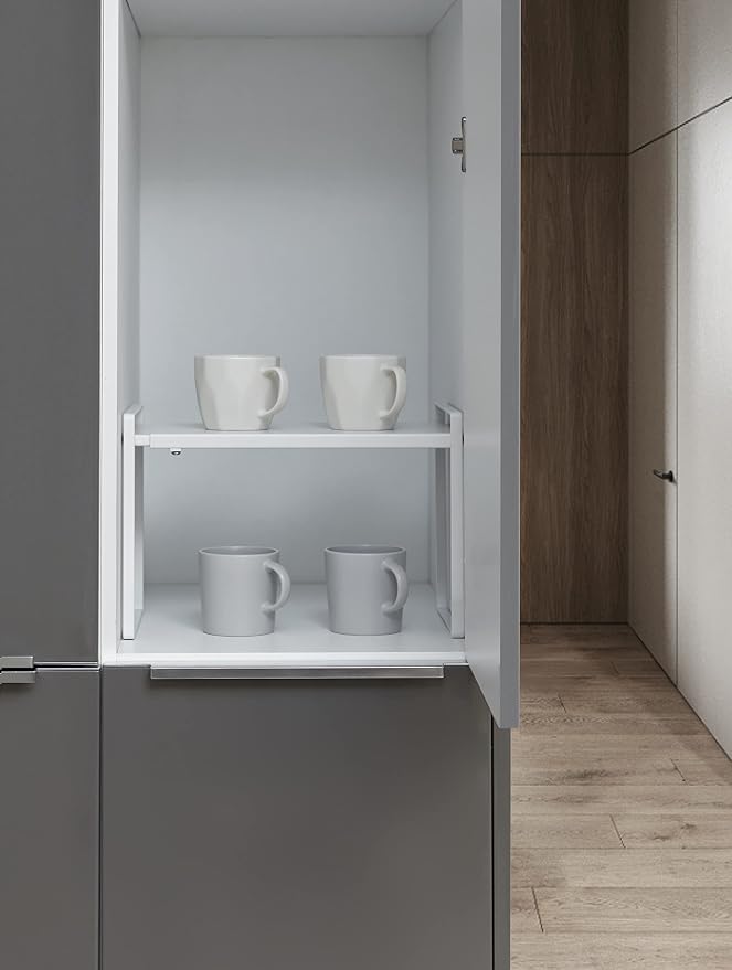Nxconsu Expandable Shelf for Cabinets, Cabinet Shelf Riser, 10.3" White | Heavy-Duty Organizer Metal Dish Riser for Cabinets Holds 50LBS and Expands 13.4 to 24.5 in for Kitchen Pantry Plate Mug Spice
