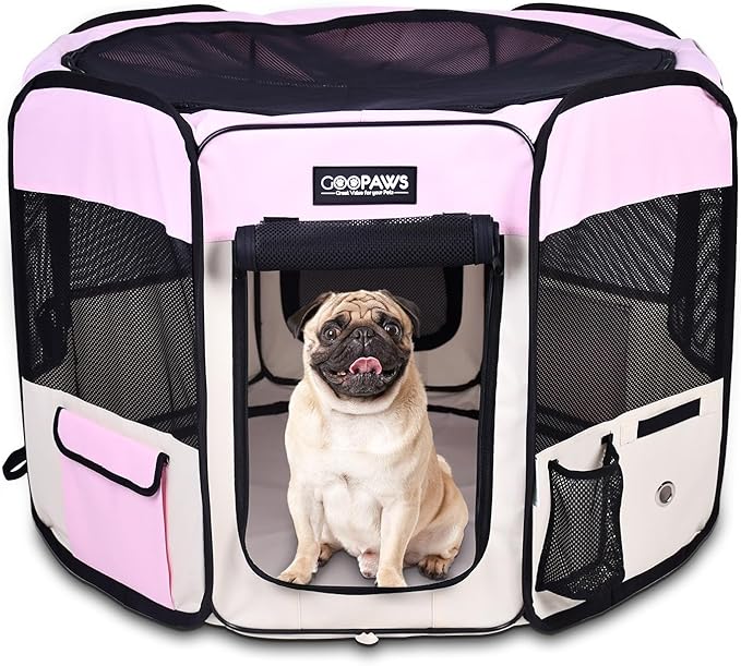 Jespet Soft Dog Playpen, Portable Pet Exercise Pen Kennel with Carry Bag | 2-Door, Easy to Fold, Ground Stakes, Zipper Locks, Large Storage Pocket, Washable Top Mesh Cover & Bottom Cover