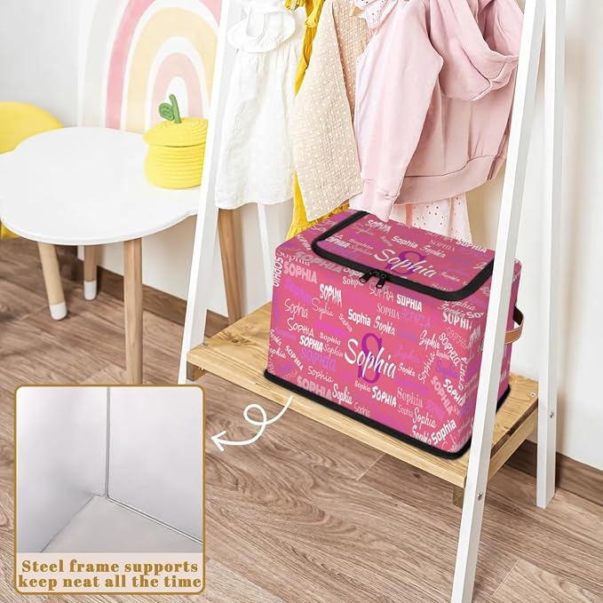 Custom Name Storage Bin with Lid Zipper, Personalized Watermelon Pink Rectangular Storage Basket with Handles for Organizing Boys Girls Toys Office Closet Shelf Baskets