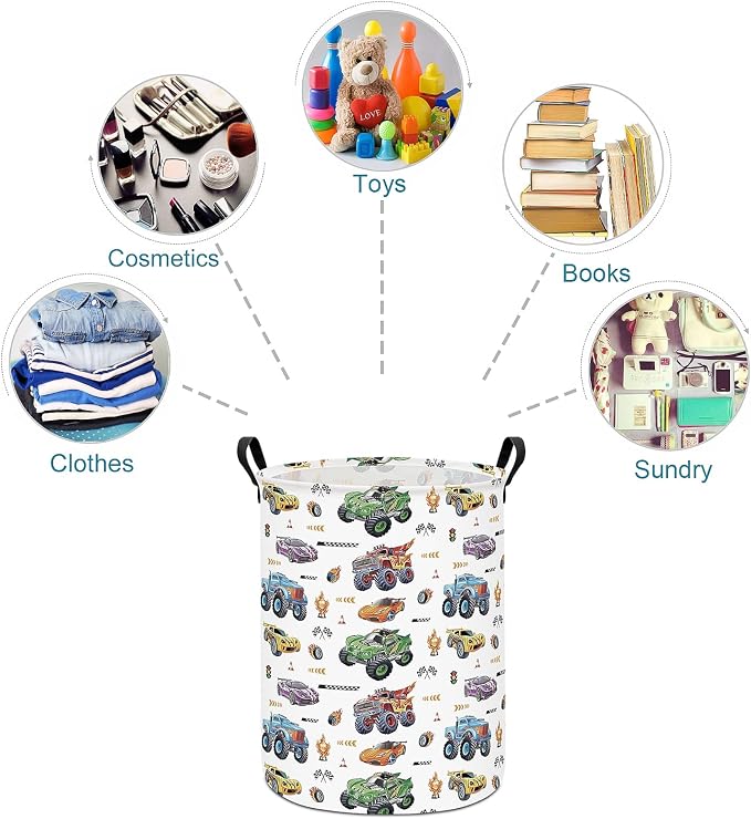 Monster Truck Laundry Hamper Storage Basket | Foldable with Waterproof PE Coating Organizer Bin for Kids Boys and Girls,Office,Bedroom,Clothes